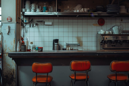 Spacious Kitchen With Ample Counter Top Area, Minimalistic view of an abandoned cafe kitchen after closing hours, AI Generatedの素材