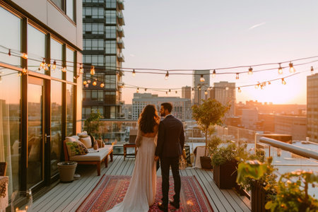 A bride and groom stand on a rooftop at sunset, sharing a tender moment as they celebrate their wedding day, Micro wedding at a city rooftop during sunset, AI Generatedの素材