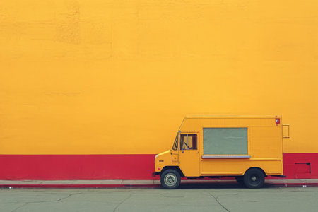 A yellow food truck is parked in front of a yellow wall, serving delicious meals to customers, Mimimalistic image of a solitary food truck, AI Generatedの素材
