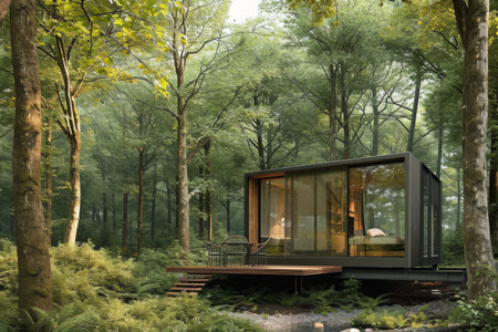 A small cabin nestled amidst tall trees in a dense forest, Micro-house in a secluded forest, AI Generatedの素材