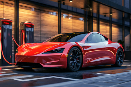 A red car is parked in front of a building, creating a striking visual contrast, Modern electric sports car plugged in at a charging station, AI Generatedの素材