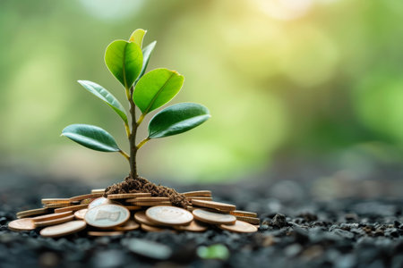 A green plant emerges from a mound of coins in an inspiring display of growth and prosperity, Money tree growing from coins, AI Generatedの素材