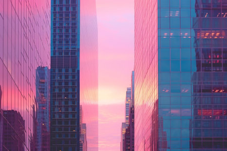 A group of tall buildings stands side by side in a busy city, showcasing the urban landscape, Mirror-like skyscrapers reflecting the pastel colors of a sunrise, AI Generatedの素材