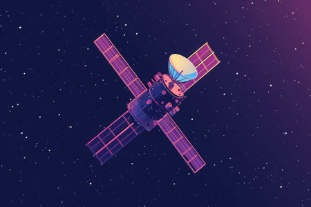 An artists interpretation of a satellite in outer space, showcasing its design and position among celestial bodies, Minimal design showcasing a telecommunication satellite in orbit, AI Generatedの素材