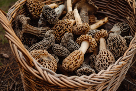 A basket holds a diverse collection of different types of mushrooms, showcasing the variety of shapes, sizes, and colors, Morel mushrooms collected in a rustic basket, AI Generatedの素材
