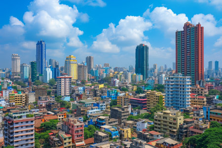 This photo captures a view of a city dominated by towering buildings, showcasing the urban landscape and architecture, Mumbai's chaotic and colorful skyline at midday, AI Generatedの素材
