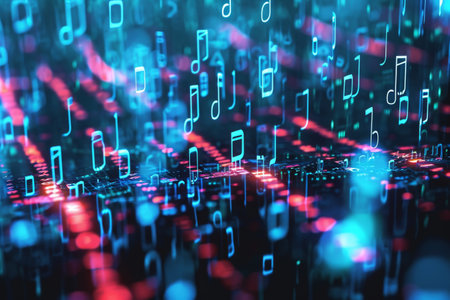 A vibrant background featuring a variety of colors with musical notes dispersed throughout, Music notes replaced by binary code to represent digital music, AI Generatedの素材
