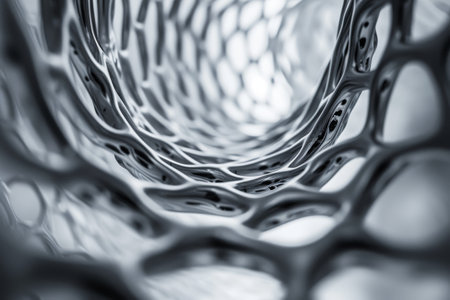 A detailed view showcasing a glass vase and its intricate design, capturing the light reflections and the delicate curves of the vase, Monochrome magnified view of a stent, AI Generatedの素材