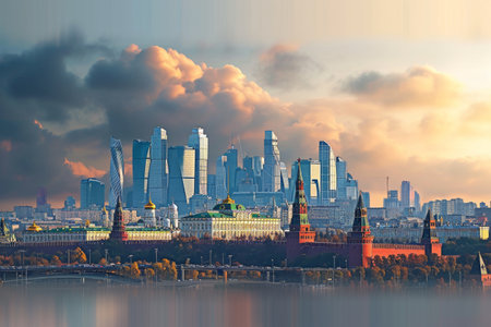 This photo shows a bustling urban landscape dominated by numerous towering skyscrapers, Moscow's historical and modern skyline intermix, AI Generatedの素材