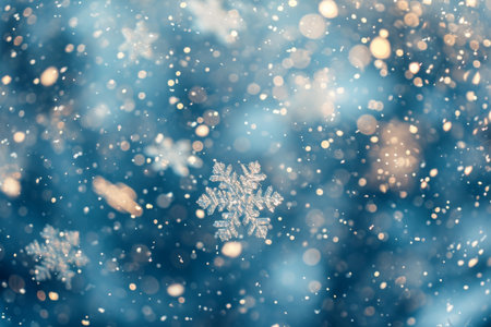 A detailed view of a single snowflake in the foreground, with a blurred background, Myriad of snowflakes in a dazzling blizzard, AI Generatedの素材