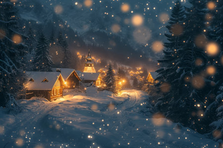 A winter landscape covered in snow with a house standing amidst a group of trees, Mountain village lights twinkling through a snowy night, AI Generatedの素材