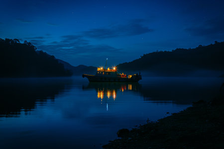 A boat gently floats atop a dark and calm lake, illuminated by the soft glow of the moonlight, Night-time view of a patrol boat with its lights twinkling on a peaceful lake, AI Generatedの素材