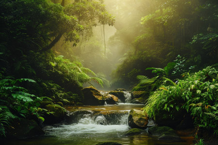 A stream cuts through a vibrant green forest, surrounded by tall trees and ferns with sunlight filtering through the dense canopy, Mystery in a hidden rainforest river, AI Generatedの素材