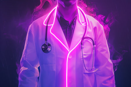 A man wearing a white lab coat is seen with a neon light necklace around his neck, Neon glowing image of a doctor's white coat, AI Generatedの素材