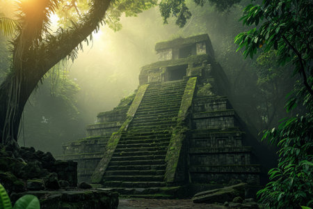 A massive pyramid structure stands prominently amidst the trees in a dense forest, Mysterious ancient pyramid in an exotic jungle, AI Generatedの素材