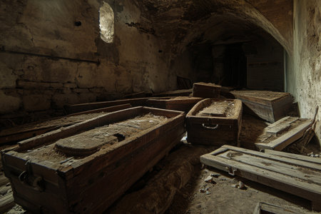 The photo shows a room packed with numerous wooden boxes stacked on top of each other, Old wooden coffins scattered in an abandoned crypt, AI Generatedの素材