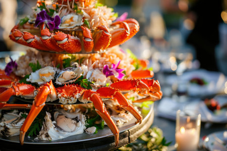 A table featuring a platter filled with delicious lobsters and other delectable dishes, Opulent seafood tower topped with Alaskan king crab, AI Generatedの素材