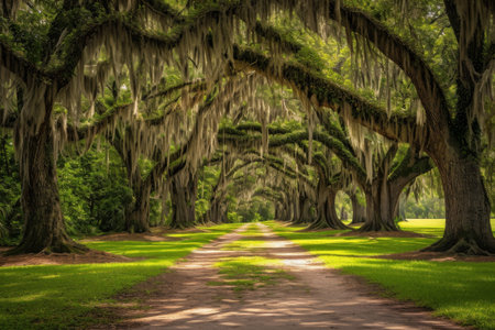 Serene Dirt Road Surrounded by Moss-Covered Trees, Ornate tree alley with Spanish moss in a southern park, AI Generatedの素材