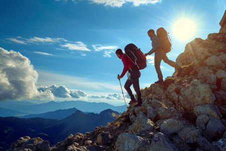 A Group of People Hiking up a Mountain, Overcoming hardships together; a hiker aiding his friend to stride the peak, AI Generatedの素材
