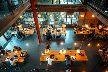 A photo capturing an overhead view of a bustling restaurant, with numerous people sitting at tables and enjoying their meals, Overhead view of a busy open-plan office, AI Generatedの素材