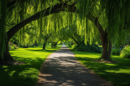 A path lined with trees stretches through the center of a park, providing shade and a peaceful walkway, Park pathway engulfed by the shadows of a weeping willow tree alley, AI Generatedの素材
