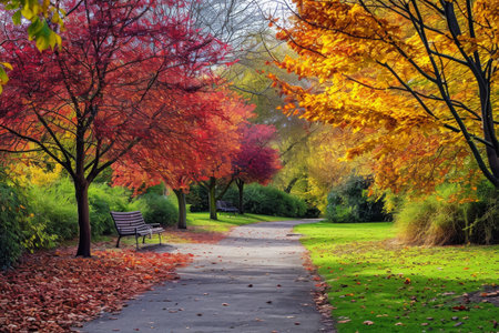 A public green space with a centrally placed bench surrounded by trees and grass, Park pathway with trees showcasing vibrant autumnal hues, AI Generatedの素材