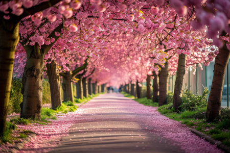 A beautiful street adorned with towering trees, lined with vibrant pink flowers blooming in full splendor, Park alley filled with cherry blossom trees, AI Generatedの素材