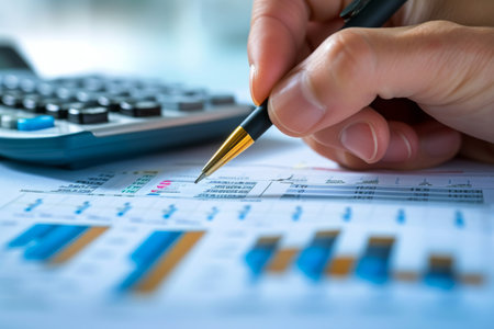 A person is seen writing on a paper using a pen and a calculator is placed next to them, Past, present, and future of accountancy representation, AI Generatedの素材