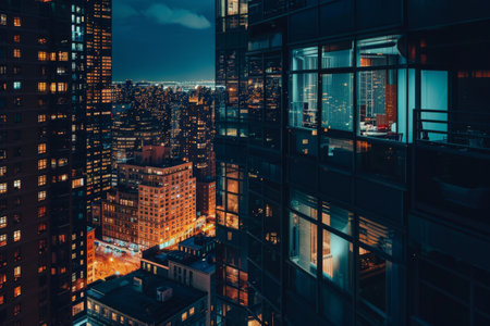The illuminated city skyline at night seen from the height of a tall building, Penthouse apartment in a bustling city at night, AI Generatedの素材