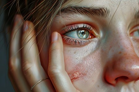 A detailed view of a persons face, highlighting their striking blue eyes, Photorealistic digital painting of a facial injury healing process, AI Generatedの素材