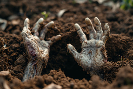 In this photo, two hands covered in dirt and soil are sticking out of the ground, Petrifying zombie hands poking out of the ground, AI Generatedの素材