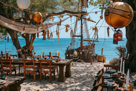 A table is set up on the beach with a pirate ship in the background, creating a unique coastal setting, Pirates themed adventure birthday party near the beach, AI Generatedの素材