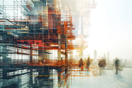 A diverse group of individuals walking down a bustling city street surrounded by towering skyscrapers, Plans for future construction project shown in double exposure, AI Generatedの素材