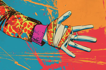 A close-up photo of a persons hand with a bandage wrapped around it, indicating an injury or wound, Pop art depiction of a person wearing a cast on broken arm, AI Generatedの素材