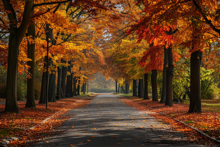A captivating scene of a road flanked by numerous trees displaying vibrant fall foliage, Quiet park alley, laden with the colors of autumn trees, AI Generatedの素材