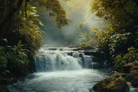 A river cascades through a lush green forest, surrounded by vibrant foliage and towering trees, Rapid river flowing through the depths of a rainforest, AI Generatedの素材
