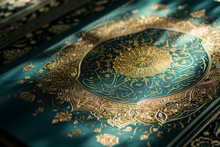 This photo features a detailed close-up of a textile showcasing vibrant shades of blue and gold, Quranic verses beautifully illuminated, AI Generatedの素材