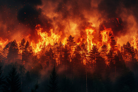A dense forest filled with countless tall trees fully engulfed in flames, creating a dramatic scene of destruction and danger, Raging forest fire with stormy background, AI Generatedの素材
