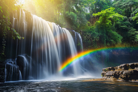 A powerful waterfall with a vibrant rainbow arching across its cascading waters, Rainbow arching over a waterfall in a dense forest, AI Generatedの素材