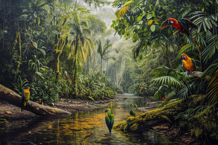 This photo depicts a painting of a vibrant jungle scene, featuring various species of birds and lush trees, Rainforest river teeming with exotic wildlife, AI Generatedの素材