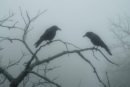 Two black birds perched on a tree branch covered in fog, Ravens perched on bare tree branches in a foggy scene, AI Generatedの素材