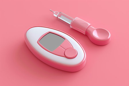 An electronic device with pink and white colors placed on a pink surface, Realistic 3D rendering of a glucose meter, AI Generatedの素材