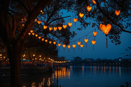 Lanterns Suspended From Tree, Casting Warm Glow Over Tranquil Water, Riverbank decorated with heart-shaped lanterns, under the moonlight, AI Generatedの素材