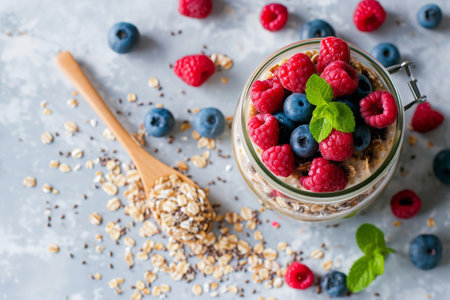 Jar of Oatmeal With Berries and Blueberries, Reusable glass jar filled with overnight oats and berries, AI Generatedの素材