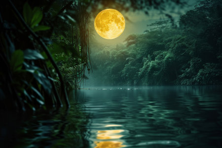 A full moon shines brightly and is mirrored in the calm water below, Reflection of the full moon in a rainforest river, AI Generatedの素材