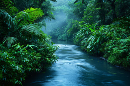 A swiftly flowing river cuts through a dense green forest, creating a vibrant and dynamic scene, River cutting through a rainforest at twilight, AI Generatedの素材