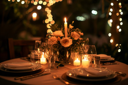 A tabletop set with candles and plates, creating an elegant and cozy atmosphere for a meal, Romantic candlelight dinner setup for a couple's first meal as newlyweds, AI Generatedの素材