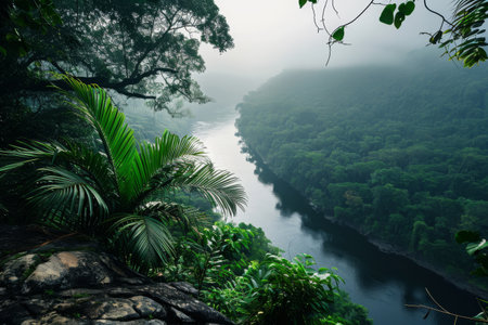 A river gently winds its way through a dense and vibrant green forest, creating a picturesque scene of natures beauty, River in a rainforest as seen from a steep cliff, AI Generatedの素材