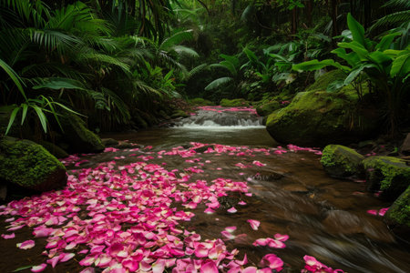 A stream flows through a vibrant cascade of pink flowers beside a dense, verdant forest, River sprinkled with flower petals in a blossoming rainforest, AI Generatedの素材