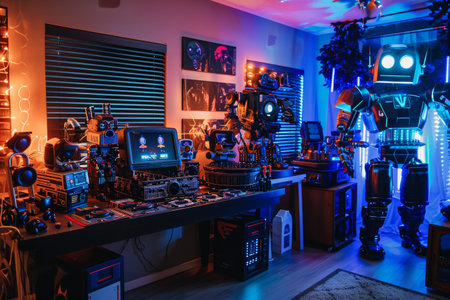 A room packed with various electronic devices and machinery, showcasing advanced technology and connectivity, Robot-themed birthday party with technological decorations, AI Generatedの素材